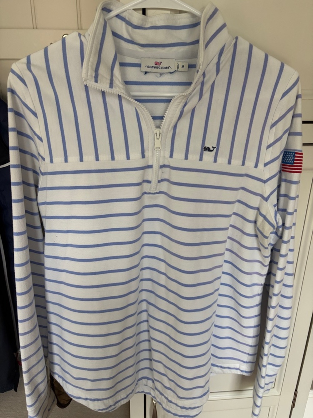 Vineyard Vines White with Light Blue Striped Quarter-Zip Pullover